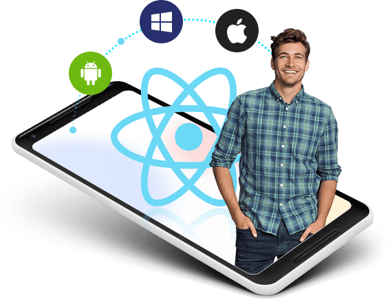 Person with Mobile App and React Native Logo