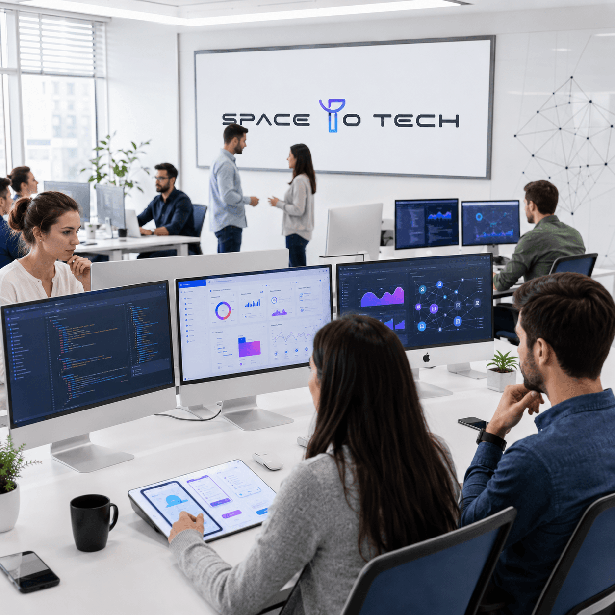 Custom software development team at work