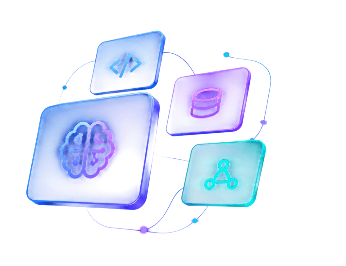 AI technology stack visual with neon glass tiles