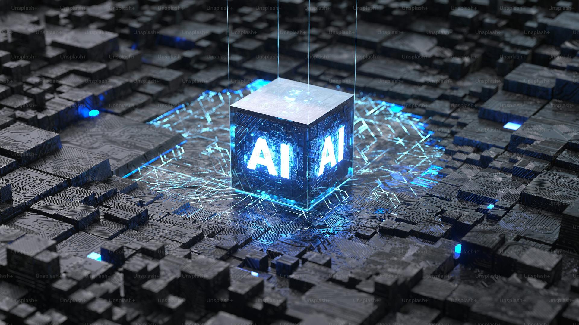 Glowing AI cube on a circuit grid