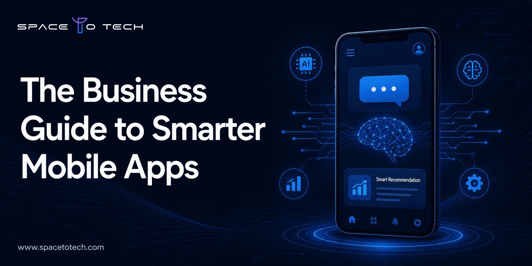 AI-powered mobile app development guide cover image showing AI chatbot and recommendation features on a mobile interface