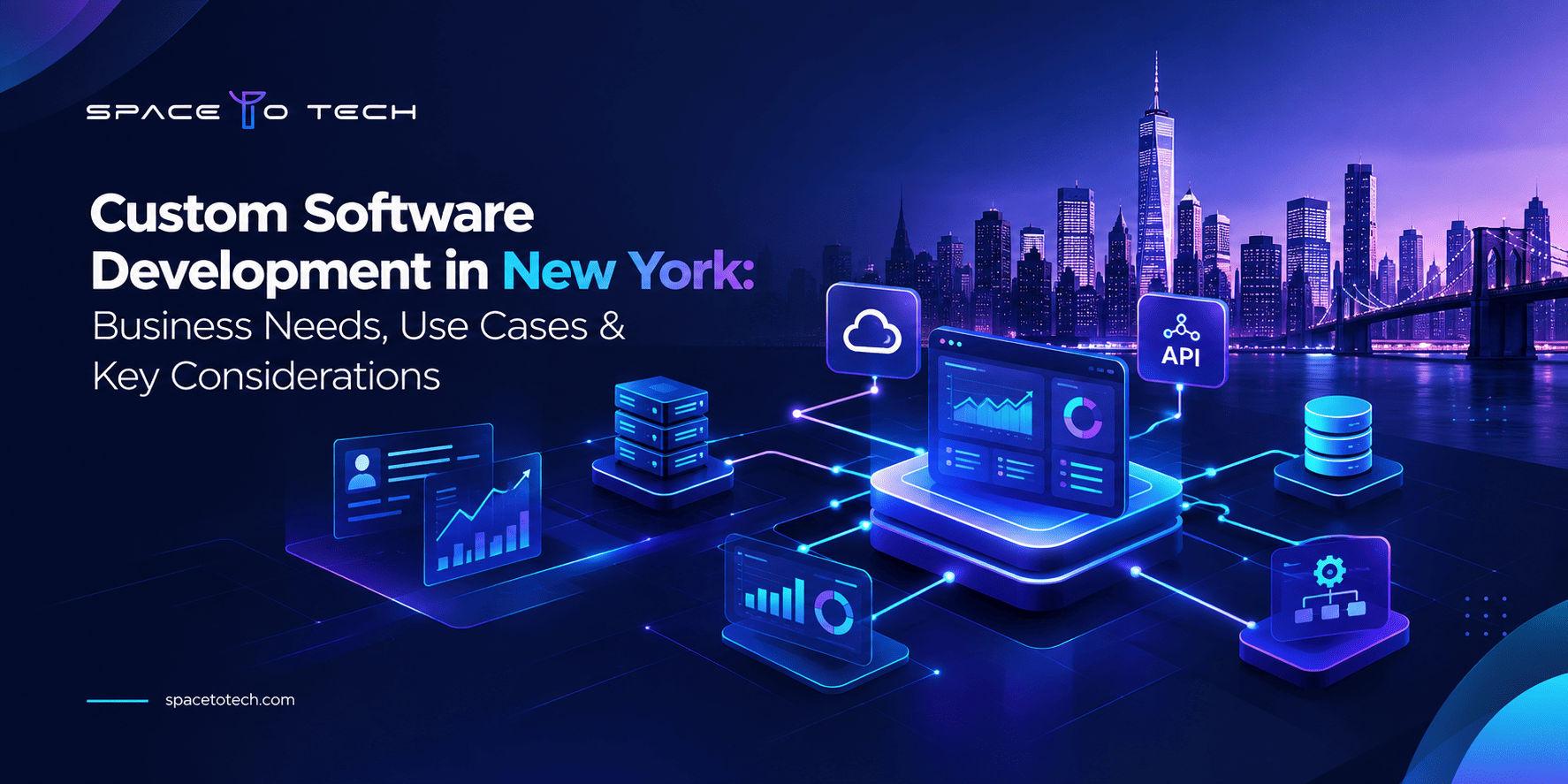 Custom software development ecosystem connecting New York business systems