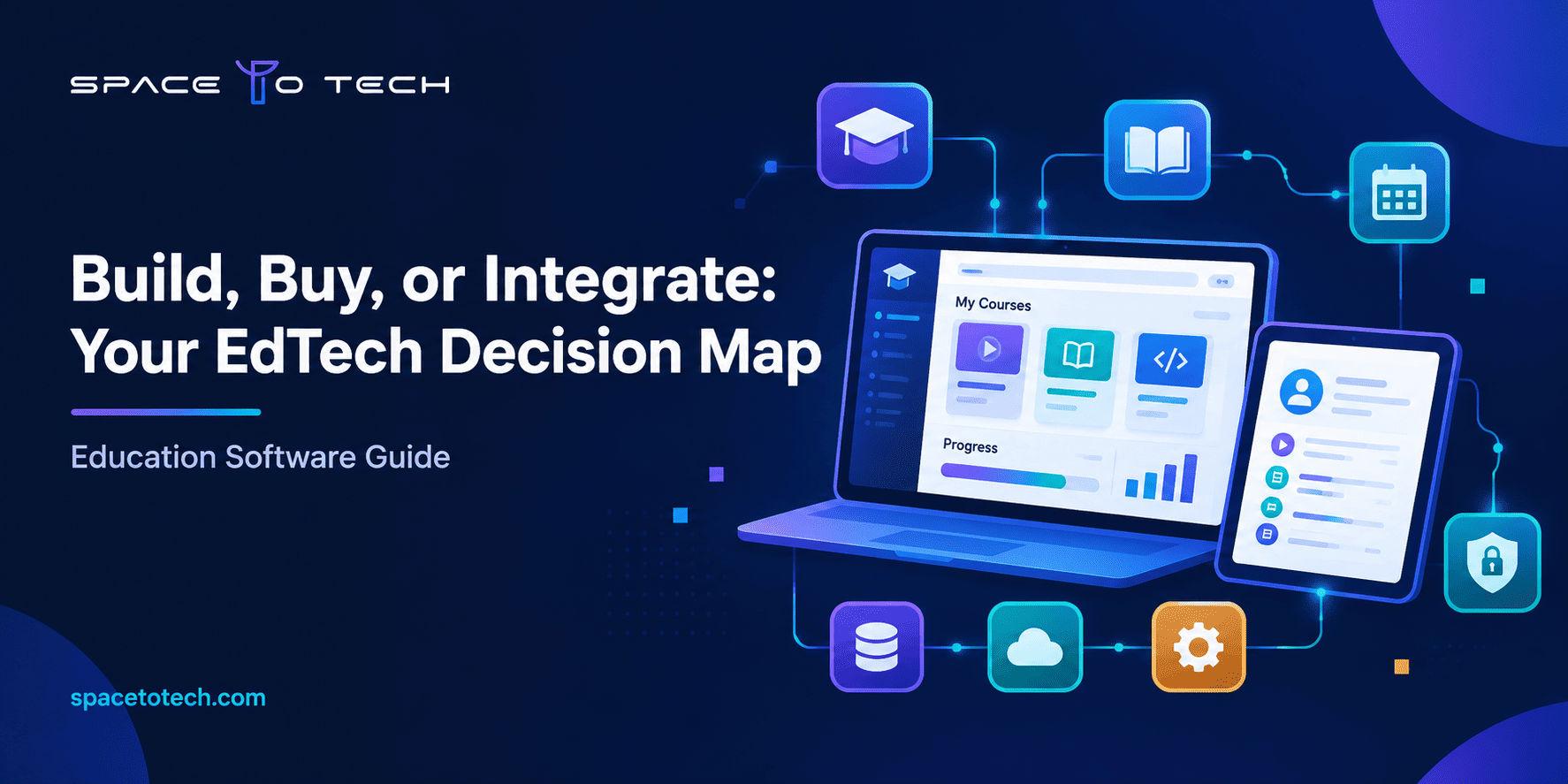 Educational software development guide showing an LMS dashboard with course, progress, and security icons