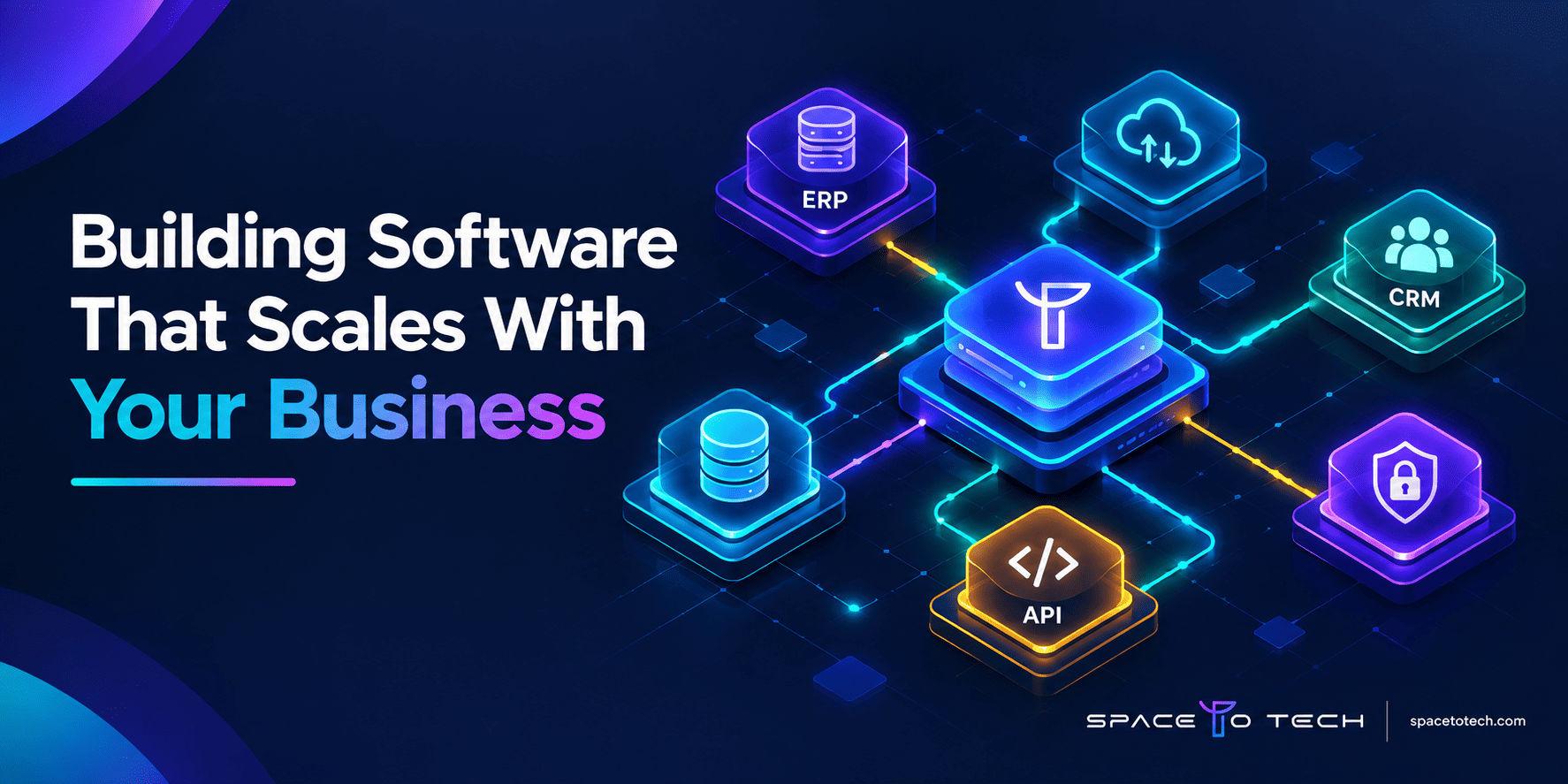 Enterprise custom software development cover graphic showing connected enterprise systems