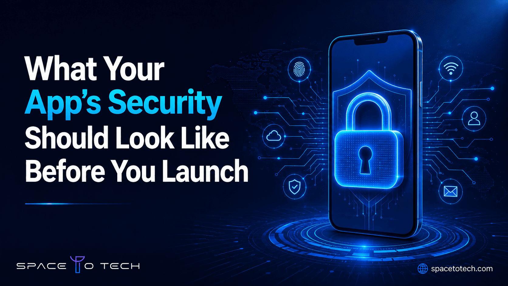 Dark navy cover graphic showing a glowing padlock over a smartphone with circuit-line accents, representing mobile app security best practices, risks, and a pre-launch checklist — SpaceToTech