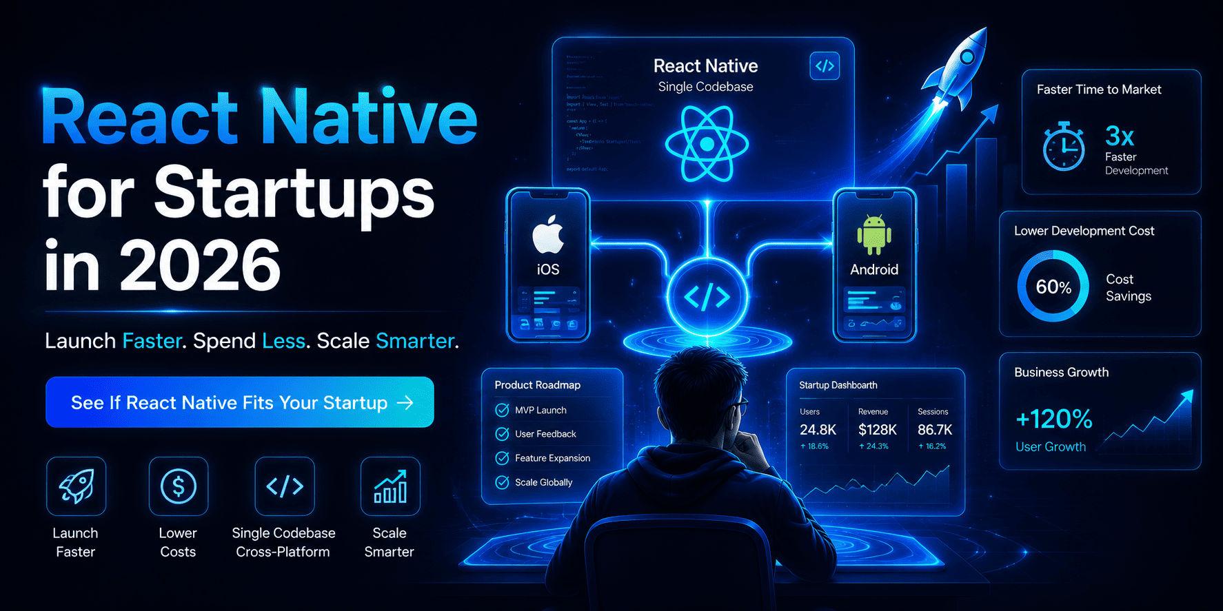 React Native startup development guide showing faster mobile app launches, lower costs, and cross-platform development benefits in 2026