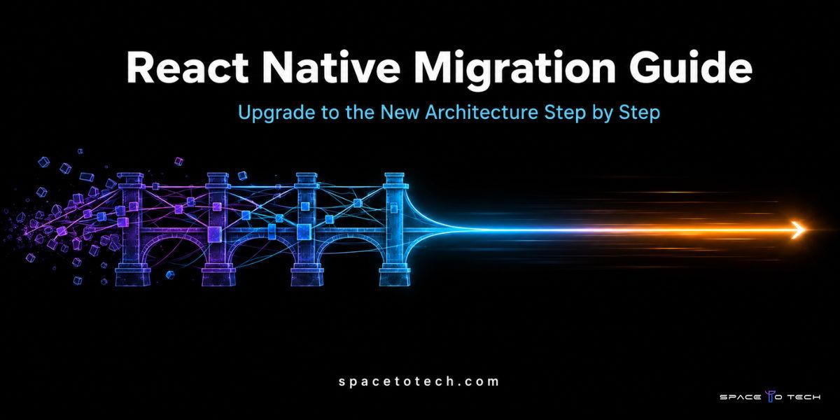 React Native Migration Guide cover image showing migration from the legacy Bridge architecture to the new React Native Architecture with a direct high-speed connection illustration.