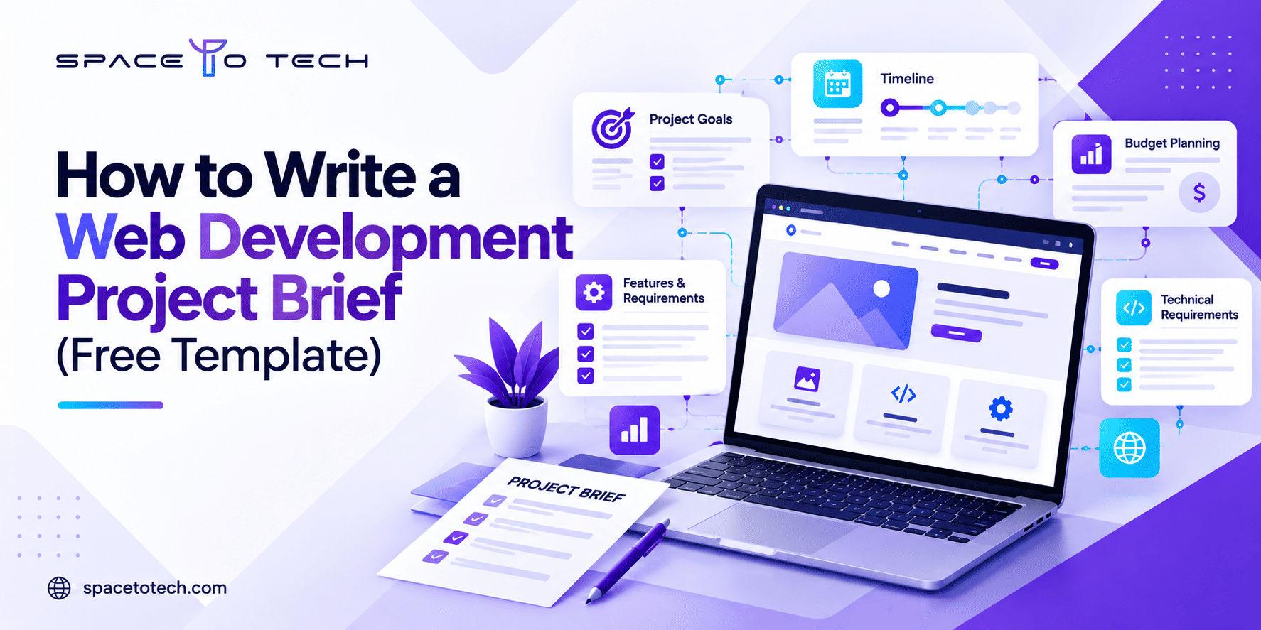 Web development project planning with a website wireframe and requirements checklist