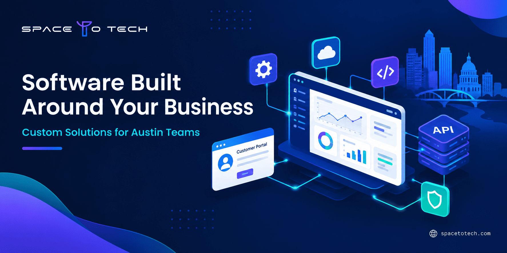 Dashboard and API connection graphic showing custom software built for Austin businesses