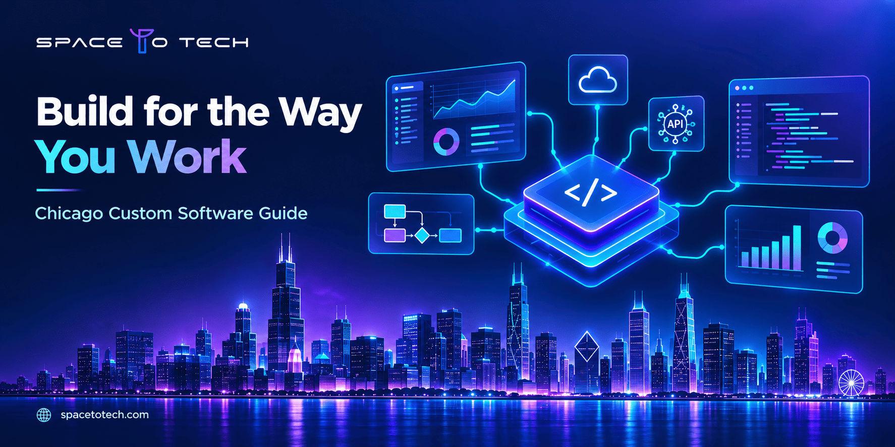 Chicago skyline with custom software dashboards and API connections illustrating a buyer's guide
