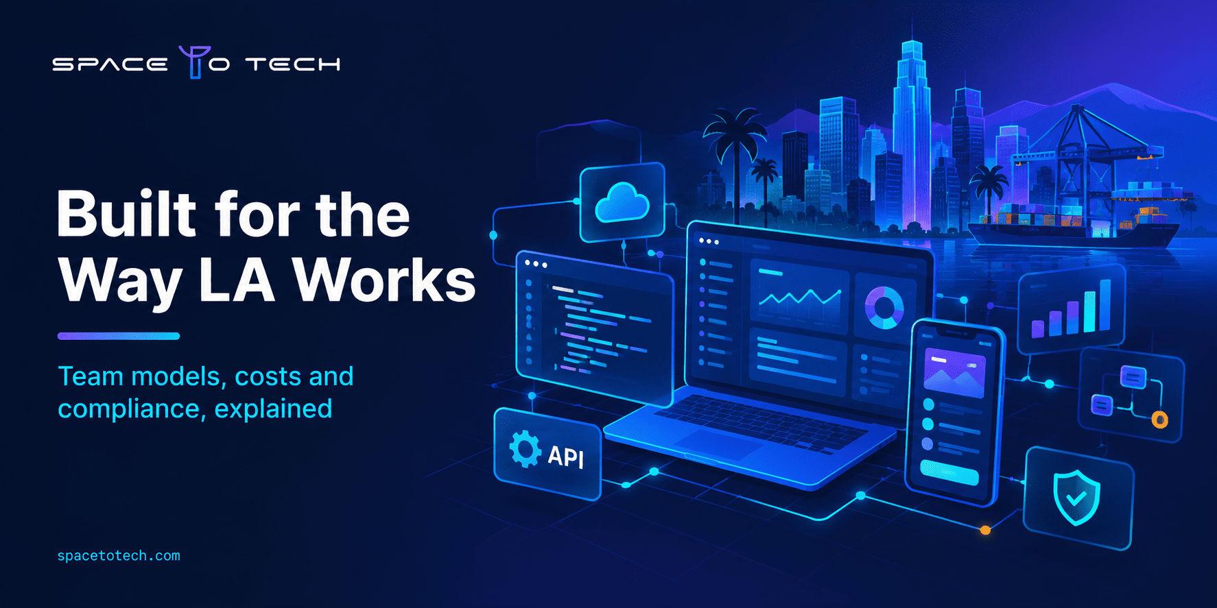 Illustration of custom software development in Los Angeles with city skyline, port crane, dashboard and code windows.