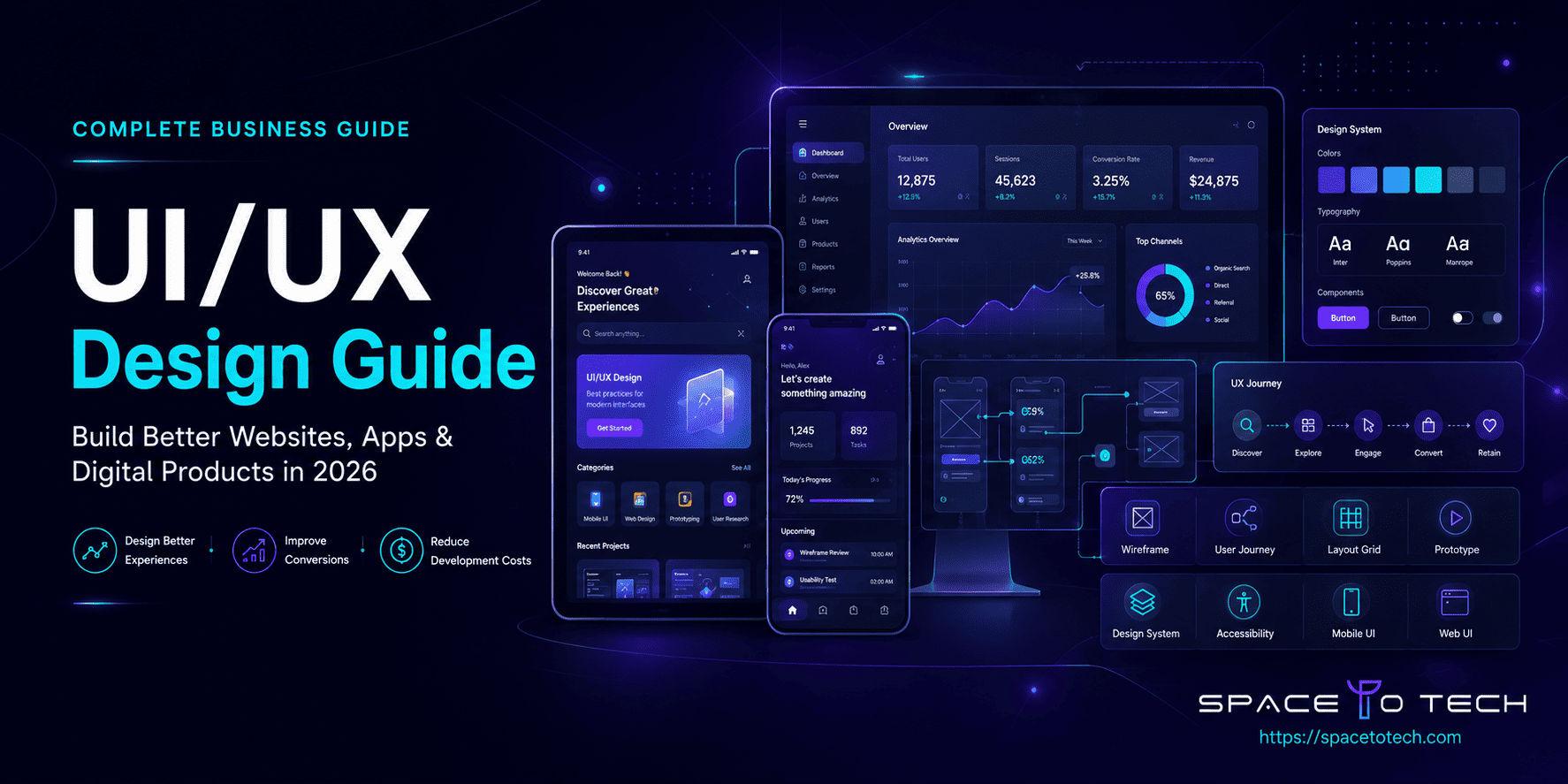 UI UX design guide for businesses in 2026 featuring mobile app design, web interface design, wireframes, design systems, and user experience best practices
