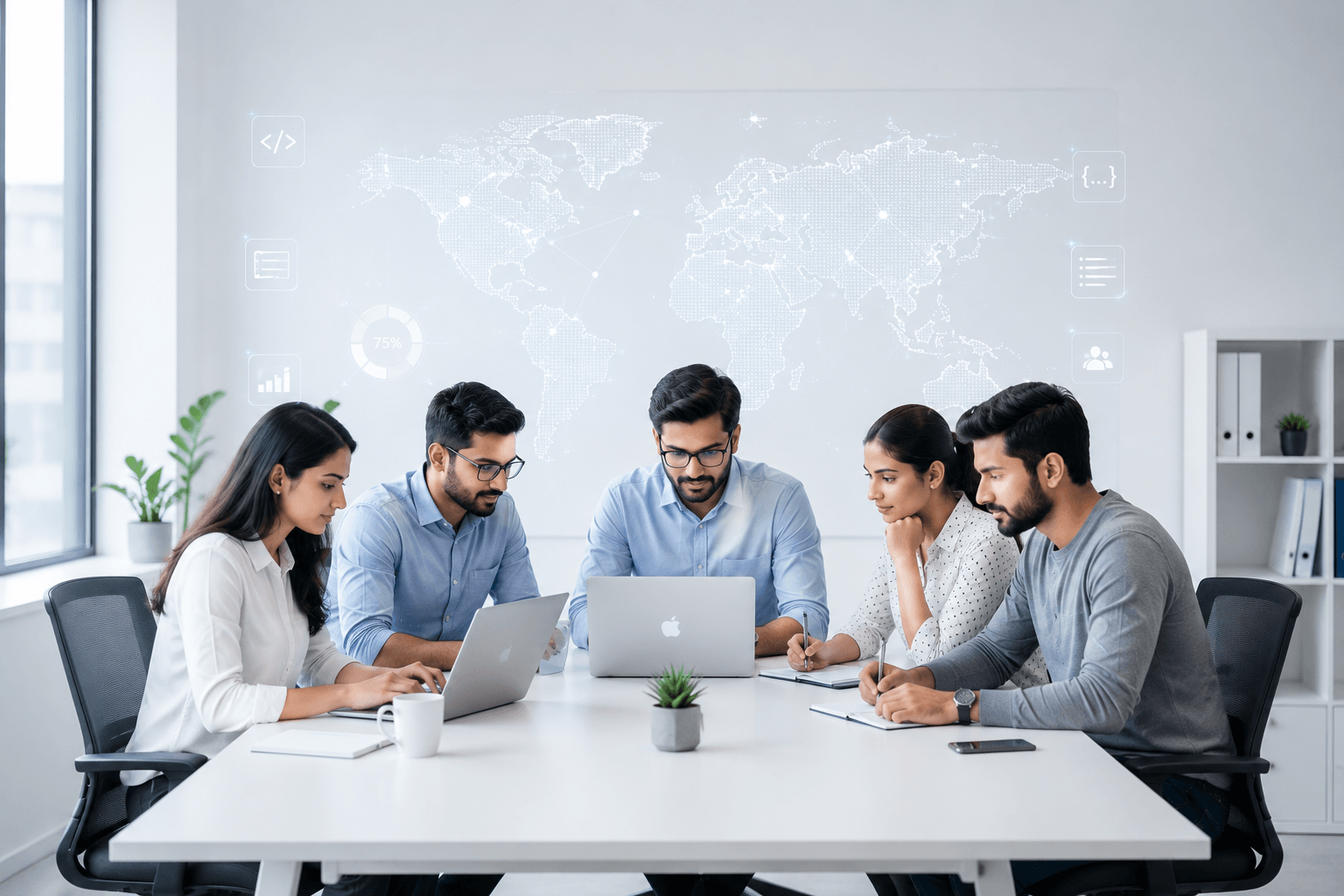 Software development team collaborating around a conference table
