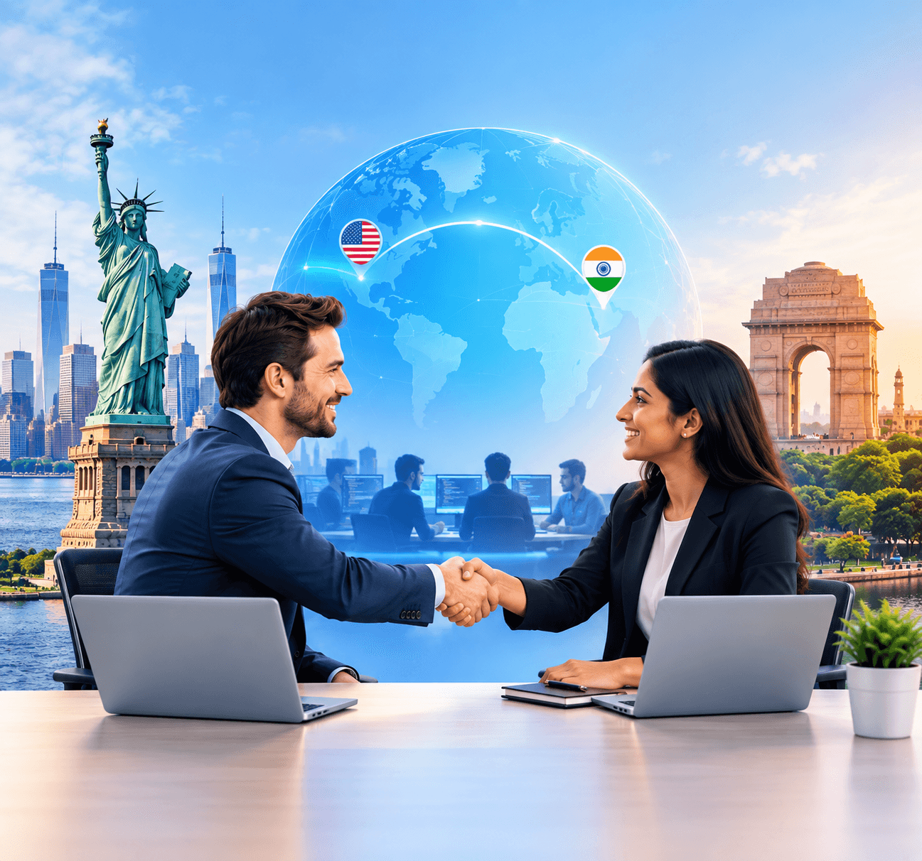 US and India business partnership — professionals shaking hands with global connection imagery